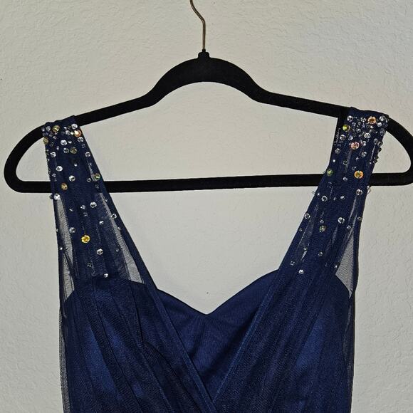 dark blue midi dress with a shiny waist-line and faded shine on shoulders - Picture 9 of 11